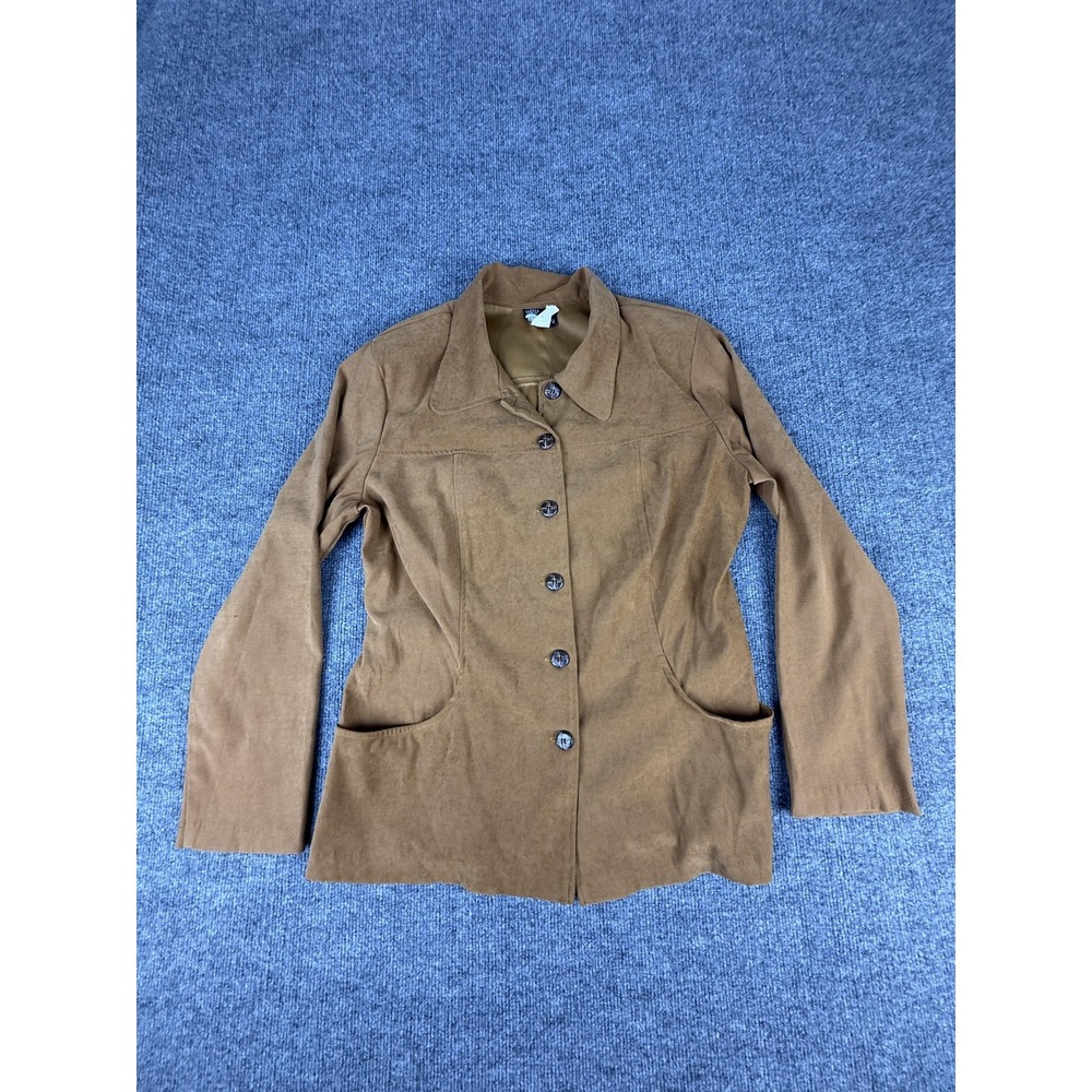 First Option Jacket Womens 12 Brown Faux Suede Microfiber Button Front Collared